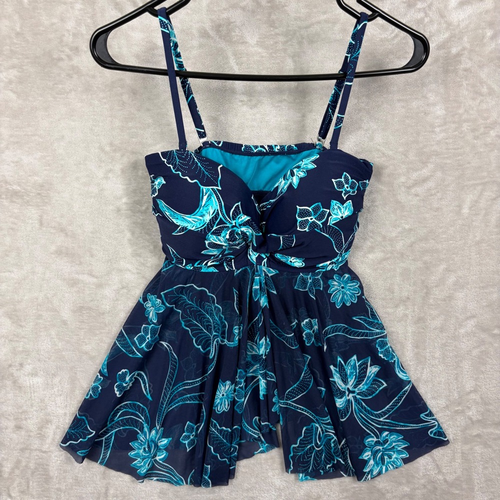 Beach House Navy Turquoise Floral Mesh Flyaway Tankini Swim Top Womens Size 10